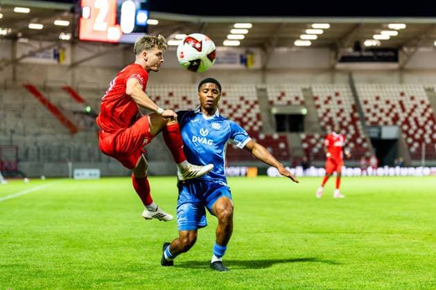September 11, 2026, GER, Soccer, Men, Season 26–27, Northeast Regional League, Matchday 8, FC Rot-Weiss Erfurt vs. RSV Eintracht 1949 (Regionaler Sportverein Eintracht 1949 e.V., Stahnsdorf, Brandenburg), Laurenz Dehl (FC Rot-Weiss Erfurt), Joshua Lucky Uwakhonye, RSV Eintracht 1949, 99096 Erfurt, Steigerwaldstadion (grass field), Thuringia, Germany