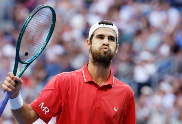 Karen Khachanov reacts after winning a point during a third set tiebreaker during his Men s semifinal against Alexander Zverev of Germany in Arthur Ashe Stadium at the 2026 US Open Tennis Championship at the USTA Billie Jean King National Tennis Center in New York City on Friday, September 11, 2026.  NYP20260911837 JOHNxANGELILLO