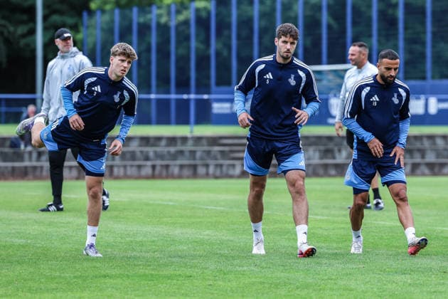 Sports, Soccer, 3rd Division Season 2026–2027: MSV Duisburg Training, September 11, 2026, MSV Duisburg Training Facility: Frederik Christensen (MSV Duisburg), 3 Tobias Fleckstein (MSV Duisburg), 5 Ramien Safi (MSV Duisburg), 19 Duisburg Training Facility, MSV Duisburg, North Rhine-Westphalia, Germany