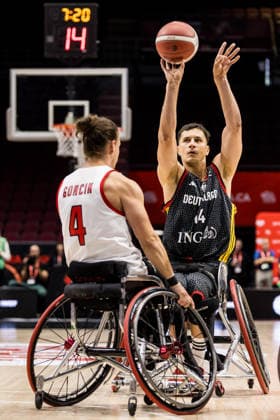 OTTAWA, CANADA - SEPTEMBER 11: Aliaksandr Halouski (Germany, 14) shooting the ball over Nik Goncin (Canada, 4) during the Ottawa IWBF Wheelchair Basketball World Championships match between Canada vs. Germany at TD Place on matchday 3 of the Ottawa IWBF Wheelchair Basketball World Championships on September 11, 2026 in Ottawa, Canada. Canada Copyright: xSteffiexWunderlx