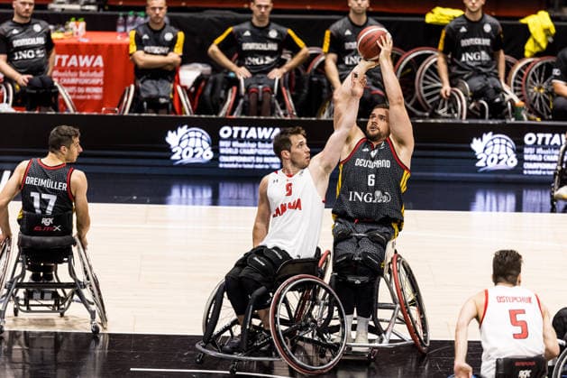 OTTAWA, CANADA - SEPTEMBER 11: Matthias Guentner (Güntner, Germany, 6) controls the ball against Colin Higgins (Canada, 9) during the Ottawa IWBF Wheelchair Basketball World Championships match between Canada vs. Germany at TD Place on matchday 3 of the Ottawa IWBF Wheelchair Basketball World Championships on September 11, 2026 in Ottawa, Canada. Canada Copyright: xSteffiexWunderlx