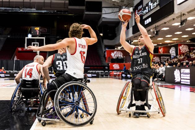OTTAWA, CANADA - SEPTEMBER 11: Thomas Reier (Germany, 27) controls the ball against Reed De Aeth (Canada, 15) during the Ottawa IWBF Wheelchair Basketball World Championships match between Canada vs. Germany at TD Place on matchday 3 of the Ottawa IWBF Wheelchair Basketball World Championships on September 11, 2026 in Ottawa, Canada. Canada Copyright: xSteffiexWunderlx