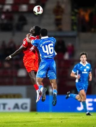 SOCCER REGIONAL LEAGUE NORTHEAST 2026–2027 SEASON, MATCHDAY 8: FC ROT WEISS ERFURT VS. RSV EINTRACHT 1949 ** FOR EDITORIAL USE ONLY ** ** p 11 09 2026 Erfurt Soccer Regional League Northeast Matchday 8, 2026–2027 Season, Steigerwaldstadion, FC Rot Weiss Erfurt vs. RSV Eintracht 1949; pictured: Mechak Quiala Tito 47, FC Rot Weiss Erfurt, Joshua Uwakhonye 46 RSV Eintracht 1949 Germany Thuringia Erfurt Copyright SaschaxFromm Copyright: SaschaxFromm doc87kbh321rs9mzknybcx ,EDITORIAL USE ONLY Copyright: SaschaxFromm