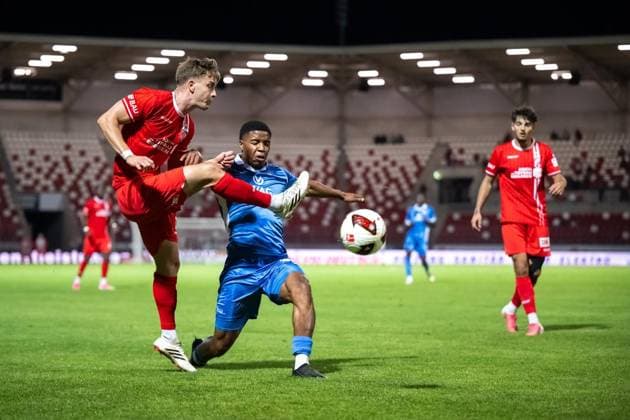 SOCCER REGIONAL LEAGUE NORTHEAST 2026–2027 SEASON, MATCHDAY 8: FC ROT WEISS ERFURT VS. RSV EINTRACHT 1949 ** FOR EDITORIAL USE ONLY ** EDITORIAL USE ONLY ** p 11 09 2026 Erfurt Soccer Regional League Northeast Matchday 8, 2026–2027 Season, Steigerwaldstadion, FC Rot-Weiss Erfurt vs. RSV Eintracht 1949, photo by Laurenz Dehl, 29, FC Rot’Weiß Erfurt in a tackle with Joshua Uwakhonye 46 RSV Eintracht 1949 Germany Thuringia Erfurt Copyright SaschaxFromm Copyright: SaschaxFromm doc87kbh59ya421abs0rqgs ,EDITORIAL USE ONLY Copyright: SaschaxFromm