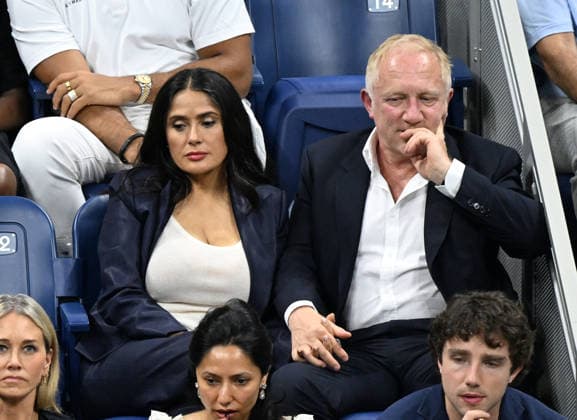 Salma Hayek and François-Henri Pinault are seen watching Ben Shelton play Frances Tiafoe in the Men s Semifinal on Arthur Ashe Stadium at the 2026 US Open Tennis Championship at the USTA Billie Jean King National Tennis Center in New York City on Friday, September 11, 2026.  NYP20260911929 LARRYxMARANO