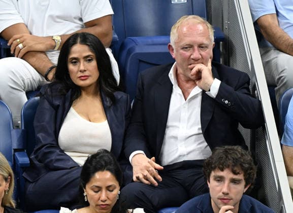 Salma Hayek and François-Henri Pinault are seen watching Ben Shelton play Frances Tiafoe in the Men s Semifinal on Arthur Ashe Stadium at the 2026 US Open Tennis Championship at the USTA Billie Jean King National Tennis Center in New York City on Friday, September 11, 2026.  NYP20260911930 LARRYxMARANO