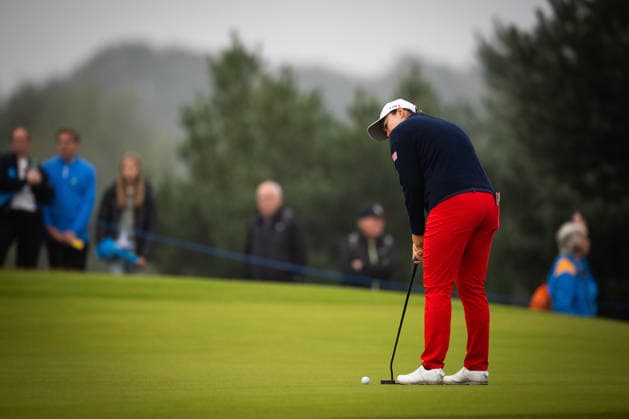 RECORD DATE NOT STATED 12th September 2026; Bernardus Golf, Cromvoirt, Netherlands; Golf, Solheim Cup Womens Golf, Day 6; Foursomes; Allisen Corpuz of the US Team plays from the fairway on 1st hole AnthonyxBenoit