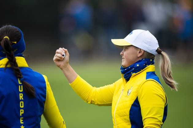 RECORD DATE NOT STATED 12th September 2026; Bernardus Golf, Cromvoirt, Netherlands; Golf, Solheim Cup Womens Golf, Day 6; Foursomes; Maja Stark (SWE) of Team Europe celebrates on the 2nd hole AnthonyxBenoit