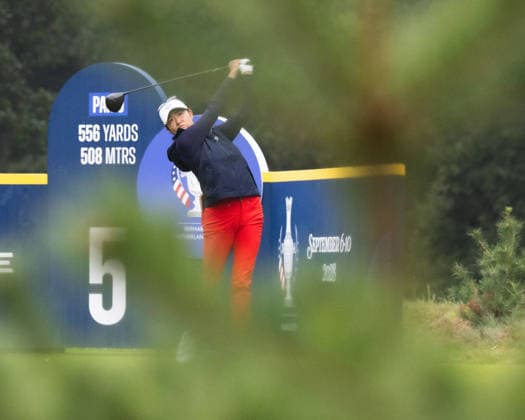 RECORD DATE NOT STATED 12th September 2026; Bernardus Golf, Cromvoirt, Netherlands; Golf, Solheim Cup Womens Golf, Day 6; Foursomes; Rose Zhang of the US Team plays from the 5th tee box AnthonyxBenoit