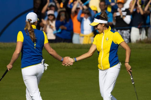 RECORD DATE NOT STATED 12th September 2026; Bernardus Golf, Cromvoirt, Netherlands; Golf, Solheim Cup Womens Golf, Day 6; Foursomes; Mimi Rhodes (ENG) of Team Europe and Nastasia Nadaud (FRA) of Team Europe celebrate together on the 12th green AnthonyxBenoit