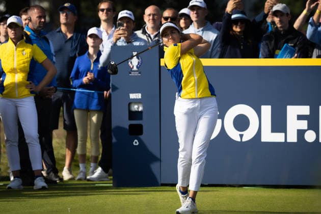 RECORD DATE NOT STATED 12th September 2026; Bernardus Golf, Cromvoirt, Netherlands; Golf, Solheim Cup Womens Golf, Day 6; Foursomes; Nastasia Nadaud (FRA) of Team Europe plays from the 13th tee box AnthonyxBenoit