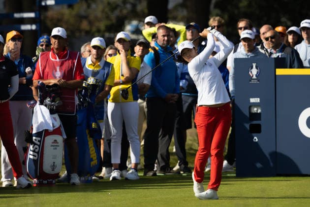 RECORD DATE NOT STATED 12th September 2026; Bernardus Golf, Cromvoirt, Netherlands; Golf, Solheim Cup Womens Golf, Day 6; Foursomes; Andrea Lee of the US Team plays from the 13th tee box AnthonyxBenoit