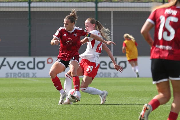 Google Pixel Frauen-Bundesliga, RB Leipzig - 1. FC Nürnberg; 12.09.2026 Kapitänin Nastassja Lein (24, 1. FC Nürnberg) gegen Nikoline Dudek (24, RB Leipzig). Fußball, Google Pixel Frauen-Bundesliga, Saison 2026 2027, 4. Spieltag: RB Leipzig vs. 1. FC Nürnberg am 12.09.2026, Trainingszentrum Cottaweg, Leipzig. DFB REGULATIONS PROHIBIT ANY USE OF PHOTOGRAPHS AS IMAGE SEQUENCES AND OR QUASI-VIDEO. *** Google Pixel Women s Bundesliga, RB Leipzig vs. 1. FC Nürnberg, September 12, 2026; Captain Nastassja Lein (24), 1. FC Nürnberg vs. Nikoline Dudek (24), RB Leipzig; soccer, Google Pixel Women s Bundesliga, 2026–2027 season, Matchday 4: RB Leipzig vs. 1. FC Nürnberg on September 12, 2026, Cottaweg Training Center, Leipzig. DFB regulations prohibit any use of photographs as image sequences and or quasi-video. Copyright: xBEAUTIFULxSPORTS JanxKaeferx