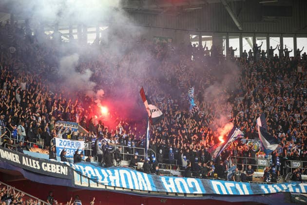 September 12, 2026, Germany, Soccer, Men s, 3rd Division, 2026–2027 Season, Fortuna Düsseldorf vs. MSV Duisburg; MSV Duisburg fans set off pyrotechnics; Düsseldorf Merkur; Spiel Arena; North Rhine-Westphalia; Germany Copyright: xAdrianxSchlüterx