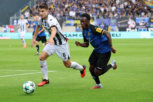 September 12, 2026, Soccer, Men s, 3rd Division, 2026–2027 Season, 1 FC Saarbrücken vs. FC Ingolstadt 04, Kelsey Owusu (1 FC Saarbrücken), Georgios Antzoulas (FC Ingolstadt 04), Saarbrücken, Ludwigsparkstadion, Saarland, Germany, DEU Copyright: xSebastianxBachx