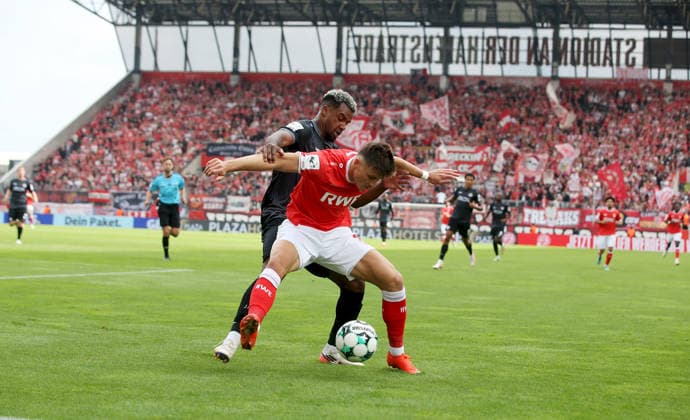 September 12, 2026, xfsx, Men s, Soccer, 2026–2027 Season, 3rd Division, Matchday 5: Rot-Weiss Essen vs. Würzburger Kickers; from left: Nathan de Medina (Würzburger Kickers), Semir Telalovic (Rot-Weiss Essen); Essen Stadium on Hafenstrasse, North Rhine-Westphalia, Germany