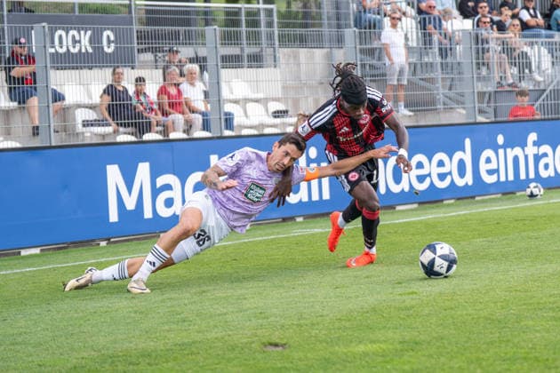September 12, 2026, xhfmx, Regional League Southwest soccer, Eintracht Frankfurt U21 vs. FC 08 Homburg, featuring Phillipp Steinhart of FC 08 Homburg, No. 36 in a tackle with Cherif Cisse of Eintracht Frankfurt U21, 11 Dreieich