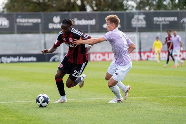 September 12, 2026, xhfmx, Regional League Southwest soccer, Eintracht Frankfurt U21 vs. FC 08 Homburg, Clement Nana Sarhene (Eintracht Frankfurt U21), 22, in a tackle with Tim Steinmetz (FC 08 Homburg), 26, Dreieich