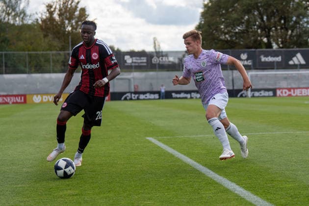 September 12, 2026, xhfmx, Regional League Southwest soccer, Eintracht Frankfurt U21 vs. FC 08 Homburg, Clement Nana Sarhene (Eintracht Frankfurt U21), 22, in a tackle with Tim Steinmetz (FC 08 Homburg), 26, Dreieich