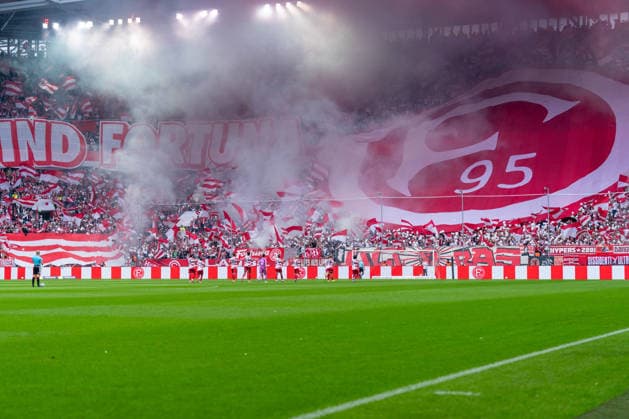 Fortuna Düsseldorf fans in the stands in front of the Siel with a choreographed display: Fortuna Düsseldorf vs. MSV Duisburg, soccer, 3. Liga, Matchday 5, 2026–27 season, September 12, 2026, DFL regulations prohibit any use of photographs as image sequences and or quasi-video. Fortuna Düsseldorf vs. MSV Duisburg, soccer, 3. Liga, Matchday 5, 2026–27 season, September 12, 2026, Düsseldorf Copyright: xEibner-Pressefoto LukasxBaldygax EP_LBA