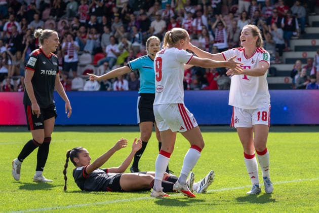 Pauline Bremer (1. FC Koeln, 09) und Taylor Ziemer (1. FC Koeln, 18) bejubeln das Tor zum 1:0. 1. FC Koeln vs. 1. FC Union Berlin, Fussball, Frauen Bundesliga, 04. Spieltag, Saison 2026 2027, 12.09.2026 DFL DFB Regulations prohibit any use of Photographs as image sequences and or Quasivideo 1. FC Koeln vs. 1. FC Union Berlin, Fussball, Frauen Bundesliga, 04. Spieltag, Saison 2026 2027, 12.09.2026 Koeln *** Pauline Bremer (1 FC Köln, 09) and Taylor Ziemer (1 FC Köln, 18) celebrate the 1-0 goal in the match between 1 FC Köln and 1 FC Union Berlin, soccer, Women’s Bundesliga, Matchday 4, 2026–2027 season, September 12, 2026. DFL and DFB regulations prohibit any use of photographs as image sequences and or quasi-video. 1 FC Cologne vs. 1 FC Union Berlin, soccer, Women’s Bundesliga, Matchday 4, 2026–2027 season, September 12, 2026, Cologne Copyright: xEibner-Pressefoto ThomasxHaeslerx EP_THR