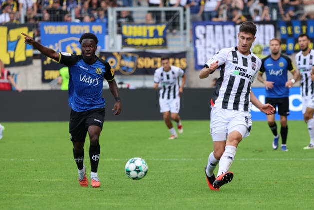 September 12, 2026, Soccer, Men s, 3rd Division, 2026–2027 Season, 1 FC Saarbrücken vs. FC Ingolstadt 04, Kelsey Owusu (1 FC Saarbrücken), Georgios Antzoulas (FC Ingolstadt 04), Saarbrücken, Ludwigsparkstadion, Saarland, Germany, DEU Copyright: xSebastianxBachx
