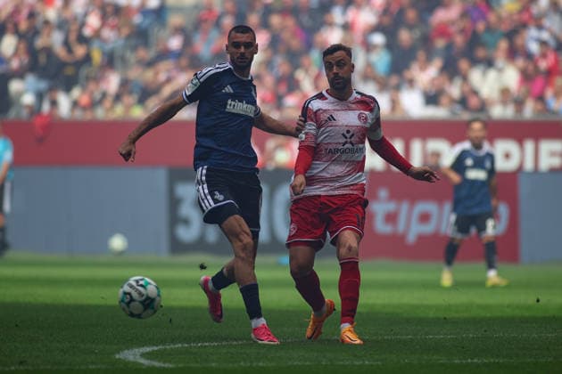 September 12, 2026, Germany, Soccer, Men s, 3rd Division, 2026–2027 Season, Fortuna Düsseldorf vs. MSV Duisburg: Rasim Bulic (MSV) and Philipp Förster (F95) battle for the ball Copyright: xSvenxHanischx