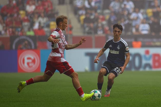 September 12, 2026, GER, Soccer, Men s, 3rd Division, 2026–2027 Season, Fortuna Düsseldorf vs. MSV Duisburg: Sascha Risch (F95) and Simon Symalla (MSV) battling for the ball Copyright: xSvenxHanischx