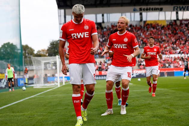 Soccer, 3rd Division, Matchday 5: Rot-Weiss Essen vs. Würzburger Kickers on September 12, 2026, at the Stadion an der Hafenstraße in Essen. Rot-Weiss Essen celebrates a goal. Marek Janssen, Rot-Weiss Essen
