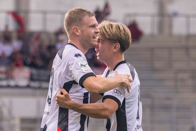Saarbrücken, Germany, September 12, 2026, 3rd League 2026–2027, Matchday 5: 1 FC Saarbrücken vs. FC Ingolstadt 04. Pictured from left: goal scorer Lars Lokotsch (FCI) celebrates his 0–1 goal with Max Plath (FCI). DFB and DFL regulations prohibit any use of photographs as image sequences and or quasi-video. Ludwigparkstadion, Saarland Copyright: xFotostandx xSchäferx