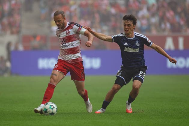 September 12, 2026, GER, Soccer, Men s, 3rd Division, 2026–2027 Season, Fortuna Düsseldorf vs. MSV Duisburg: Jorrit Hendrix (F95) and Simon Symalla (MSV) battle for the ball Copyright: xSvenxHanischx