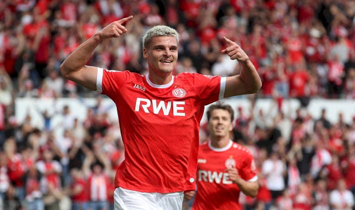 September 12, 2026, xfsx, Men s, Soccer, 2026–2027 Season, 3rd Division, Matchday 5: Rot-Weiss Essen vs. Würzburger Kickers; from left: Marek Janssen, Rot-Weiss Essen celebrating the goal; goal celebration; cheering after the 1–0 goal; Essen Stadium on Hafenstrasse, North Rhine-Westphalia, Germany