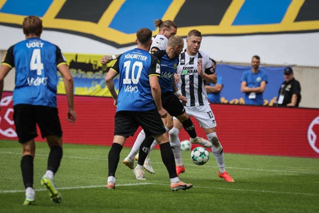 3rd Division, 2026–27 Season, Match 1: FC Saarbrücken vs. FC Ingolstadt 04; Vinko Sapina (No. 41, FCI), Lars Lokotsch (No. 13, FCI), Philip Fahrner (No. 42, Saarbrücken); Photo by Jürgen Meyer; 3rd Division, 2026–27 Season, Match 1: FC Saarbrücken FC Ingolstadt 04
