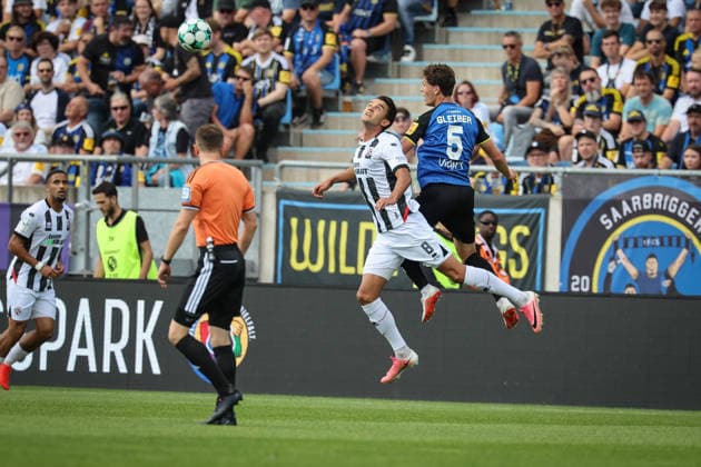 3rd Division, 2026–27 Season, Match 1: 1 FC Saarbrücken vs. FC Ingolstadt 04; Fredrik Carlsen (No. 8, FCI) and Daniel Gleiber (No. 5, Saarbrücken); Photo by Jürgen Meyer; 3rd Division, 2026–27 Season, Match 1: 1 FC Saarbrücken vs. FC Ingolstadt 04