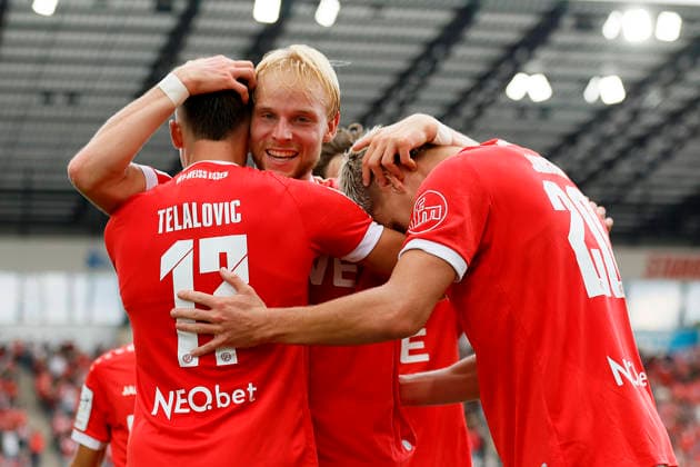 Soccer, 3rd Division, Matchday 5: Rot-Weiss Essen vs. Würzburger Kickers on September 12, 2026, at the Stadion an der Hafenstraße in Essen. Goal celebration: Rot-Weiss Essen s Semir Telalovic, Rot-Weiss Essen