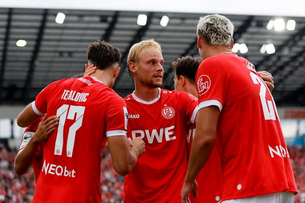 Soccer, 3rd Division, Matchday 5: Rot-Weiss Essen vs. Würzburger Kickers on September 12, 2026, at the Stadion an der Hafenstraße in Essen. Goal celebration: Rot-Weiss Essen s Semir Telalovic, Rot-Weiss Essen