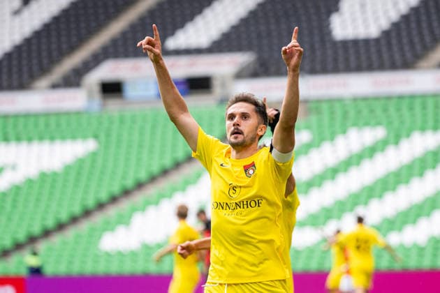 Volkan Celiktas, SG Sonnenhof Grossaspach, No. 5, celebrates scoring the goal to make it 1–2 (GER), TSV Havelse vs. SG Sonnenhof Grossaspach, Soccer, 3rd Division, Matchday 5, 2026–2027 Season, September 12, 2026. DFL regulations prohibit any use of photographs as image sequences and or quasi-video. GER, TSV Havelse vs. SG Sonnenhof Grossaspach, Soccer, 3rd Division, Matchday 5, 2026–2027 season, September 12, 2026, Hanover Copyright: xEibner-Pressefoto JanxRollingerx EP_JSK