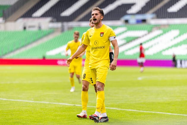 Volkan Celiktas, SG Sonnenhof Grossaspach, No. 5, celebrates scoring the goal to make it 1–2 (GER), TSV Havelse vs. SG Sonnenhof Grossaspach, Soccer, 3rd Division, Matchday 5, 2026–2027 Season, September 12, 2026. DFL regulations prohibit any use of photographs as image sequences and or quasi-video. GER, TSV Havelse vs. SG Sonnenhof Grossaspach, Soccer, 3rd Division, Matchday 5, 2026–2027 season, September 12, 2026, Hanover Copyright: xEibner-Pressefoto JanxRollingerx EP_JSK