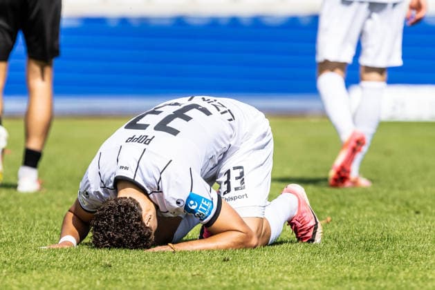 SSV Ulm 1846 Soccer vs. FSV Frankfurt, Soccer, Regionalliga Southwest, Matchday 7, Donaustadion Ulm, Ulm, September 12, 2026—Missed scoring opportunity by Leander Nicolas Popp, SSV Ulm 1846 Soccer, 33 SSV Ulm 1846 Soccer vs. FSV Frankfurt, Soccer, Regionalliga Southwest, Matchday 7, Donaustadion Ulm, Ulm, September 12, 2026; Photo by Lucca Fundel; Ulm, Donaustadion Ulm, Baden-Württemberg, Germany