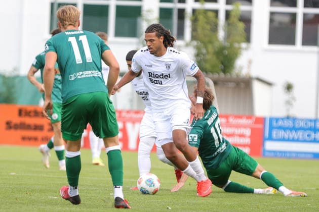 September 12, 2026, Soccer, Men s, Bavarian Regional League, 2026–2027 Season, Matchday 8: VfB Eichstätt vs. FC Schweinfurt 05. From left: Morris Adelabu (FC Schweinfurt 05), 27, against Aurel Kuqanaj (VfB Eichstätt), 10. Eichstätt Hirsch Sportpark, Bavaria, Germany