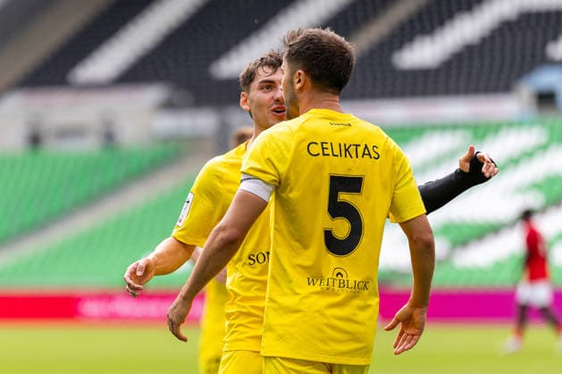 L R Elias Rahn (SG Sonnenhof Grossaspach, 08) and Volkan Celiktas (SG Sonnenhof Grossaspach, 05) celebrate the goal that made the score 1–2 GER, TSV Havelse vs. SG Sonnenhof Grossaspach, Soccer, 3rd League, Matchday 5, 2026–2027 Season, September 12, 2026 DFL regulations prohibit any use of photographs as image sequences and or quasi-video GER, TSV Havelse vs. SG Sonnenhof Grossaspach, soccer, 3rd League, Matchday 5, 2026–2027 season, September 12, 2026, Hanover Copyright: xEibner-Pressefoto JanxRollingerx EP_JSK