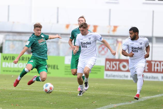 September 12, 2026, Soccer, Men s, Bavarian Regional League, 2026–2027 Season, Matchday 8: VfB Eichstätt vs. FC Schweinfurt 05. From left: Jonas Winkler (VfB Eichstätt, No. 22) against Philipp Hack (FC Schweinfurt 05, No. 07). Eichstätt Hirsch Sportpark, Bavaria, Germany