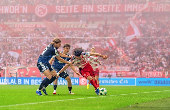 Tackle between Joshua Bitter (MSV Duisburg, 29), Simon Symalla (MSV Duisburg, 23), and Anas Slimani (Fortuna Düsseldorf, 34); Fortuna Düsseldorf vs. MSV Duisburg, Soccer, 3rd Division, Matchday 5, 2026–27 season, September 12, 2026, DFL regulations prohibit any use of photographs as image sequences and or quasi-video. Fortuna Düsseldorf vs. MSV Duisburg, soccer, 3rd Division, Matchday 5, 2026–27 season, September 12, 2026, Düsseldorf Copyright: xEibner-Pressefoto LukasxBaldygax EP_LBA