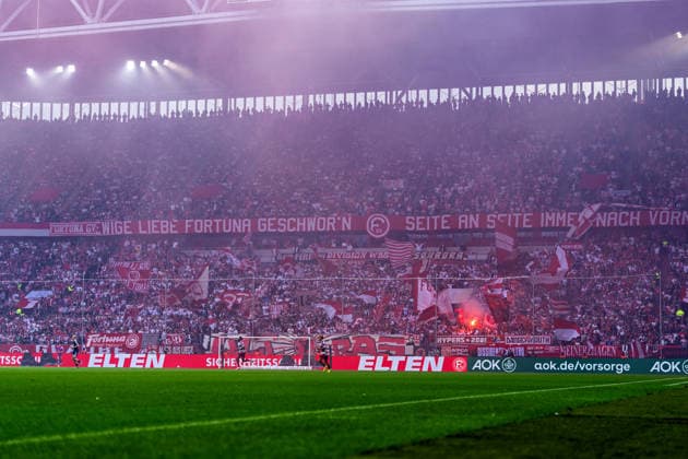 Fortuna Düsseldorf Fan Section: Fire, Smoke, Flares; Fortuna Düsseldorf vs. MSV Duisburg, Soccer, 3rd Division, Matchday 5, 2026–27 Season, September 12, 2026, DFL regulations prohibit any use of photographs as image sequences and or quasi-video. Fortuna Düsseldorf vs. MSV Duisburg, soccer, 3. Liga, Matchday 5, 2026–27 season, September 12, 2026, Düsseldorf Copyright: xEibner-Pressefoto LukasxBaldygax EP_LBA