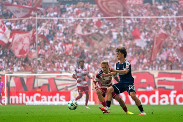 Sascha Risch of Fortuna Düsseldorf, 28, in a tackle with Simon Symalla of MSV Duisburg, 23; Fortuna Düsseldorf vs. MSV Duisburg, soccer, 3. Liga, Matchday 5, 2026–27 season, September 12, 2026, DFL regulations prohibit any use of photographs as image sequences and or quasi-video. Fortuna Düsseldorf vs. MSV Duisburg, soccer, 3rd Division, Matchday 5, 2026–27 season, September 12, 2026, Düsseldorf Copyright: xEibner-Pressefoto LukasxBaldygax EP_LBA