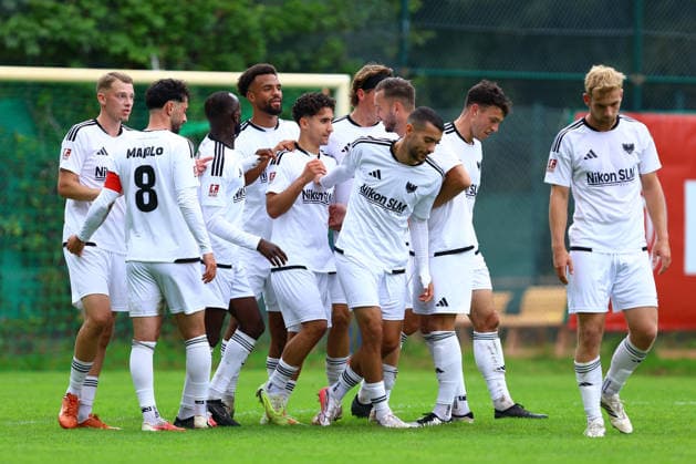July 7: Julius Kliti of 1 FC Phönix Lübeck celebrates his goal—making the score 0–2—with his teammates. Soccer Men’s Regionalliga Nord 2026–2027 Season Matchday 8 Eimsbütteler TV vs. 1 FC Phönix Lübeck September 12 2026 Hinschenfelde Sports Park