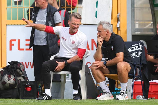 Chemie Leipzig vs. Zwickau, Northeast Regional League, Leipzig, September 12, 2026, Alfred Kunze Sportpark, Soccer, Men, 2026–2027 Season, Northeast Regional League, Matchday 8, BSG Chemie Leipzig vs. FSV Zwickau. Pictured from left: Head Coach Rico Schmitt (FSV Zwickau) and Assistant Coach Daniel Rupf (FSV Zwickau),