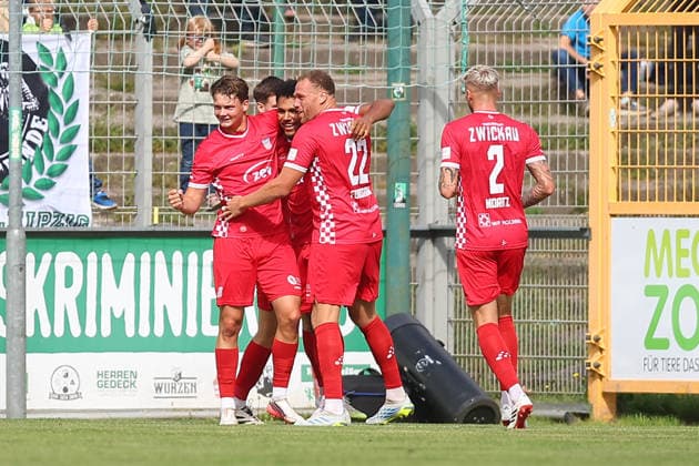 Chemie Leipzig vs. Zwickau, Northeast Regional League, Leipzig, September 12, 2026, Alfred Kunze Sportpark, Soccer, Men, 2026–2027 Season, Northeast Regional League, Matchday 8, BSG Chemie Leipzig vs. FSV Zwickau, Pictured: Goal for Zwickau, goal celebration after the 0–1, goal scorer Paul Philipp Besong (17), Zwickau,