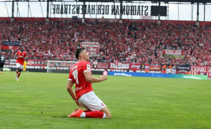 September 12, 2026, xfsx, Men s, Soccer, 2026–2027 Season, 3rd Division, Matchday 5: Rot-Weiss Essen vs. Würzburger Kickers; from left: Semir Telalovic of Rot-Weiss Essen celebrating the goal; goal celebration; celebrating the 2–0 goal; close-up; single frame; action at Essen Stadium on Hafenstrasse, North Rhine-Westphalia, Germany