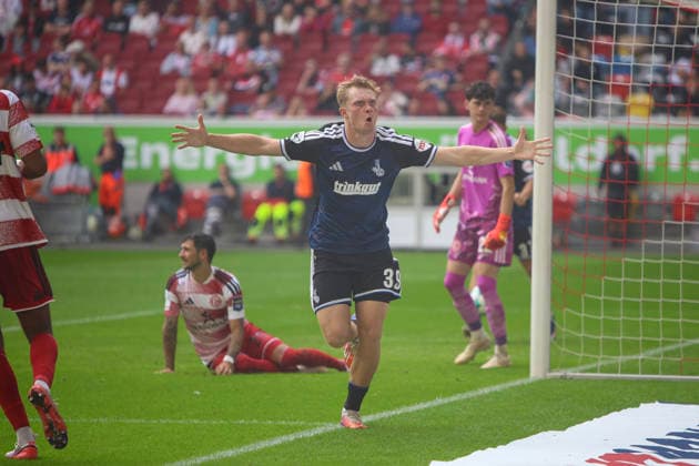 September 12, 2026, GER, Soccer, Men s, 3rd Division, 2026–2027 Season, Fortuna Düsseldorf vs. MSV Duisburg, Peter Remmert (Duisburg) celebrates his goal to make it 0–1, Düsseldorf Merkur Spiel Arena, North Rhine-Westphalia, Germany Copyright: xAdrianxSchlüterx